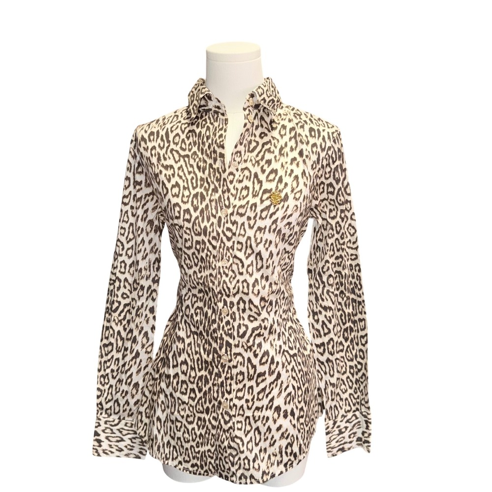 Just Cavalli Leopard Print Button Up Top Y2K Italian Luxe Blouse Size 42 NWT